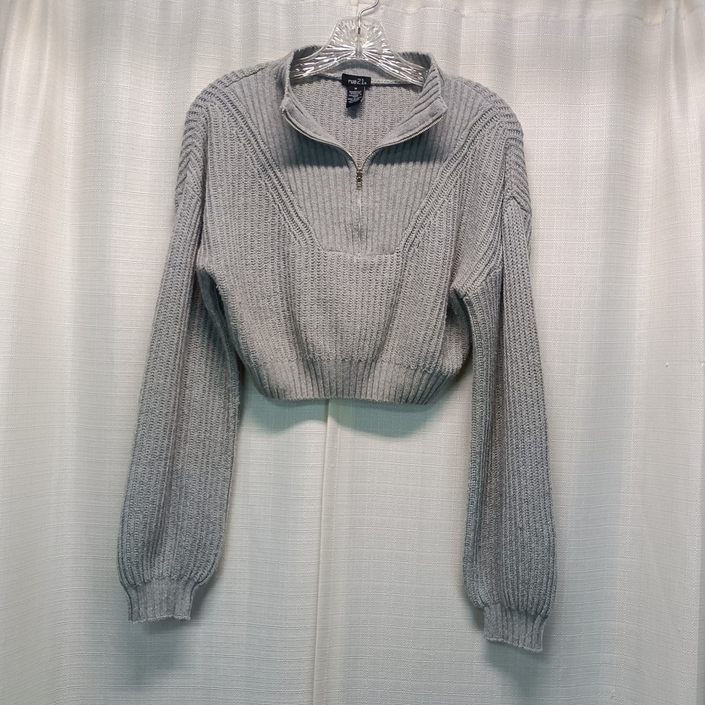 Rue21 Womens Gray Quarter Zip Cropped Ribbed Knit Sweater Mock Neck Size M